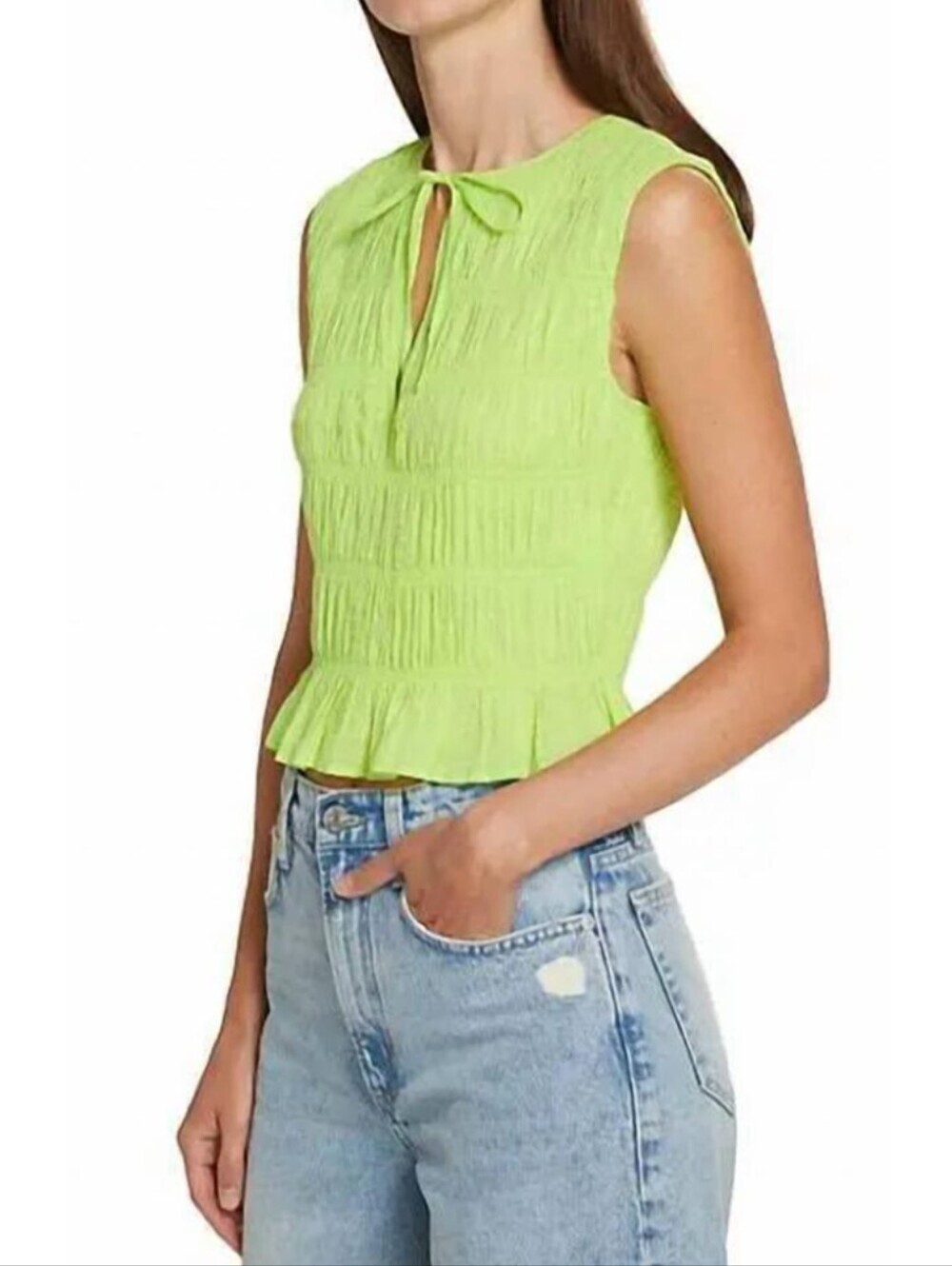 NEW FRAME Shirred Lime Green Cotton Top
